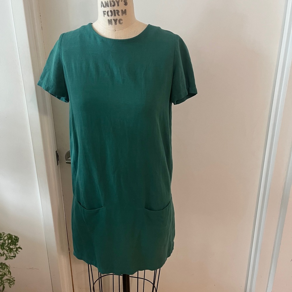 SESSÚN | Green Linen Blend Minimalist Shift Dress Size Small